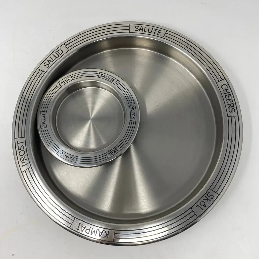 Bar tray and wine coaster “Cheers” in 6 languages silver chrome Home cocktail